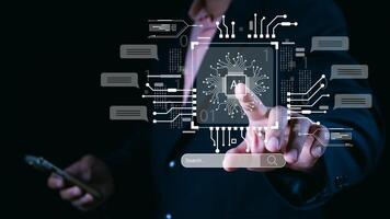 Ai technology, Artificial Intelligence. man using technology smart robot AI, artificial intelligence by enter command prompt for generates something, Futuristic technology transformation. Chat with Ai photo