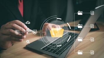Document Management System DMS, Businessman using digital documents to search, store, archive and manage and to reduce paper. Solution for paperless office. Digital business security process. photo