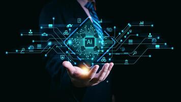 Ai technology, Artificial Intelligence. man using technology smart robot AI, artificial intelligence by enter command prompt for generates something, Futuristic technology transformation. Chat with Ai photo