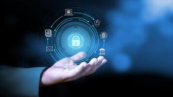 Cybersecurity concept, user privacy security and encryption, secure internet access Future technology and cybernetics, screen padlock. Internet network data protection, anti hacker, cybercrime photo