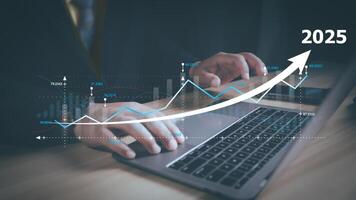 2025, Graph Analyst working with Business, Concept digital transformation technology strategy, Analytics and Data Management System on computer, make a report with KPI connected to database. photo