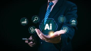 Ai technology, Artificial Intelligence. man using technology smart robot AI, artificial intelligence by enter command prompt for generates something, Futuristic technology transformation. Chat with Ai photo