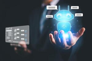 Ai technology, Artificial Intelligence. man using technology smart robot AI, artificial intelligence by enter command prompt for generates something, Futuristic technology transformation. Chat with Ai photo