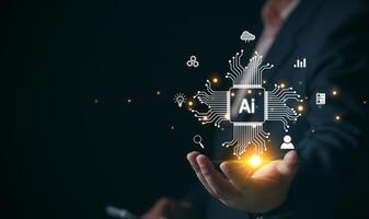 Ai technology, Artificial Intelligence. man using technology smart robot AI, artificial intelligence by enter command prompt for generates something, Futuristic technology transformation. Chat with Ai photo