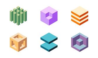 Cube logo, geometric design. Set box logotype company, trendy techno emblem in isometric 3D style. vector
