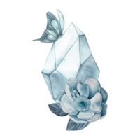 Blue crystal with butterfly and peony flower. Illustration is hand-drawn in monochrome technique, in grey-blue color scheme, in botanical style. For design of cards, invitations, stickers, packaging png