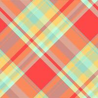Vibrant diagonal plaid pattern in red, yellow, and mint green. Perfect for textile design, website backgrounds, or modern branding. Striped geometric texture adds visual interest and dynamic energy. vector