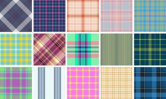 Vibrant collection of 15 unique plaid patterns. Perfect for textile design, fashion, websites, or any project needing a touch of stylish texture. vector