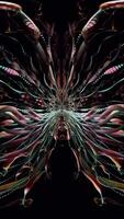 A 3d rendering of a futuristic kaleidoscope hallway towards a portal with colorful video