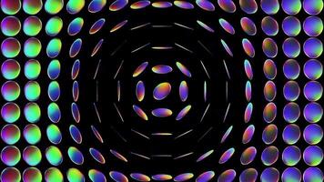 abstract festive background with multi-colored spheres placed on a plane and flash neon lights randomly in the dark. Loop beautiful bg in 4k. Neon bulbs for show or events, exhibitions, festivals video