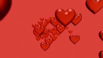 3D hearts flying forward towards the camera on a red background, green screen and alpha video