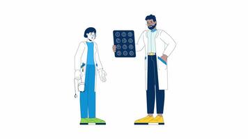 Checking patient MRI results cartoon animation. Brain disease diagnostics 4K motion graphic. Doctors discussing screening image animated 2D characters isolated on white background video