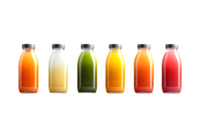 Six bottles of juice are lined up in a row png