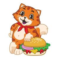 Joyful Cat Chef Mascot leaning on Big Burger vector