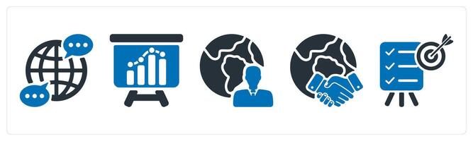 A set of 5 business icons as global communication, business analysis, global business vector