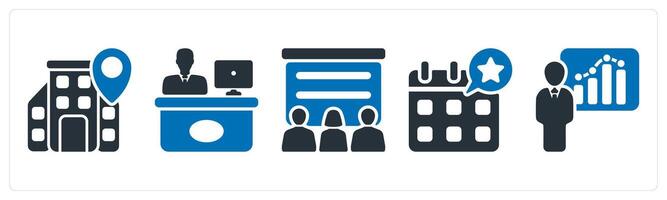 A set of 5 business icons as office location, reception, training vector