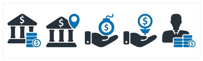 A set of 5 business icons as bank savings, bank location, debt vector