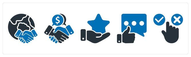 A set of 5 business icons as global business deal, business deal, star feedback vector