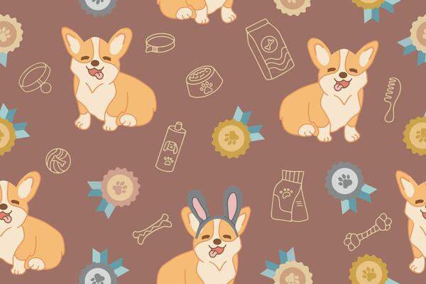 Seamless pattern with cute corgi dogs, food and dog accessories.