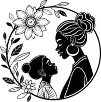 a black and white illustration of a mother and daughter in a circular frame vector