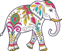 A vibrant, multicolored elephant adorned with intricate floral and paisley patterns vector