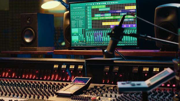 Empty control room filled with buttons and sliders used for recording and editing music, mix and master concept. Professional studio panel board with switchers and pre amp knobs. photo