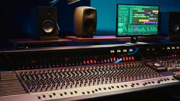 Empty professional studio with control desk mixer and audio recording software on pc, music production. Soundproof control room equipped with switchers buttons, sliders and pre amp knobs. photo