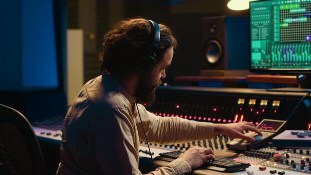 Audio expert operating motorized faders and mixing console in control room, using sliders and switchers buttons to edit and process sounds. Music designer and producer recording tracks. Camera A. photo