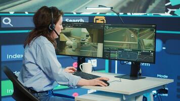Frustrated tired employee failing to help the couriers with order shipment directions, feeling stressed and overworked in control center. Satellite map gps and CCTV footage. Camera A. photo