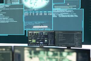 Empty cyber operations center for governmental hacking and threat detection. Equipped with technology for monitoring cyber threats, cybercrime, and safeguarding digital information. photo