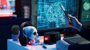 Hacker uploading sensitive data from SSD obtained from victim through ransomware virus, close up. Scammer inserting storage drive with stolen information from users, finishing evil plan, camera A photo