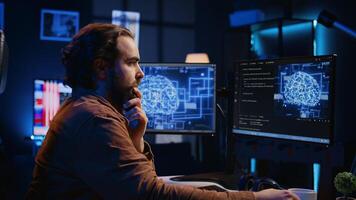 Computer scientist updating artificial intelligence neural networks, drinking coffee and writing code scripts in personal office. IT expert enjoying hot beverage while running AI simulations, camera B photo