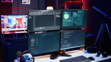 Lines of code displayed on computer monitors used by cybercriminal stealing sensitive information. Virus scripts running on PC infecting network systems, breaking passwords photo