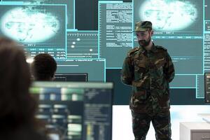 Government army hackers engaged in hybrid warfare strategies in agency office. Personnel using software and technology to secure information, prevent attacks and protect military operations. photo