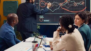 Skilled project team reviewing annual reports market trends in briefing meeting, knowing what to improve in order to guarantee customer experience and satisfaction. Enterprise development. Camera A. photo