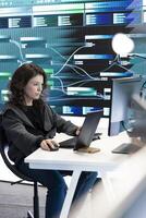 Female governmental hacker examines data on a computer in agency center, using advanced technology to secure national servers. Working on cyber security and defending against threats. photo