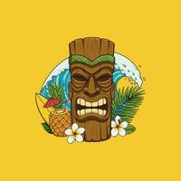 A vibrant illustration features a tiki idol surrounded by a wave, surfboard, pineapple drink, and tropical flowers. vector