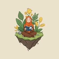 A young woman wearing a hijab sits peacefully on a small floating island, surrounded by greenery, engrossed in reading a book. vector
