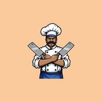 The image shows a cartoon illustration of a serious chef with crossed cleavers. vector