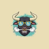 A stylized illustration of a black bull wearing sunglasses and blowing smoke, with a bold and playful expression. vector