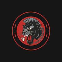 A stylized illustration of a black panther head featuring a mohawk and chain presented as a circular logo design. vector