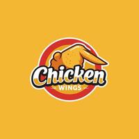 The image shows a logo featuring a cartoon chicken wing within a circular design accompanied by the text Chicken Wings. vector
