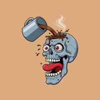 A comical illustration depicts coffee pouring from a mug into a skull's empty cranium, resulting in a humorous and slightly macabre scene. vector