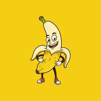 A cheerful cartoon banana character with red sneakers is depicted standing with a playful expression. vector