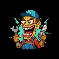 A cartoon illustration of a manic mechanic grinning wildly while holding a wrench and spark plug. vector