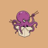 A cartoon illustration of a purple octopus with an angry expression inside a takeout box holding chopsticks. vector