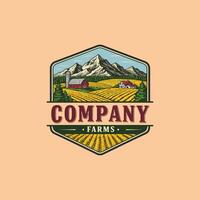 A vintage style logo depicts a farm scene with a red barn, silo, house, and rolling fields set against a mountainous backdrop. vector