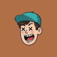 A cartoon illustration of a boy's head wearing a teal cap, laughing with his eyes crossed, showcasing a joyful expression. vector