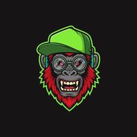 The image shows a stylized illustration of a monkey head wearing a green cap and round glasses, showcasing a fierce expression. vector