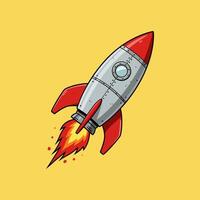 A stylized cartoon rocket ship is depicted ascending with fiery propulsion against a yellow background. vector